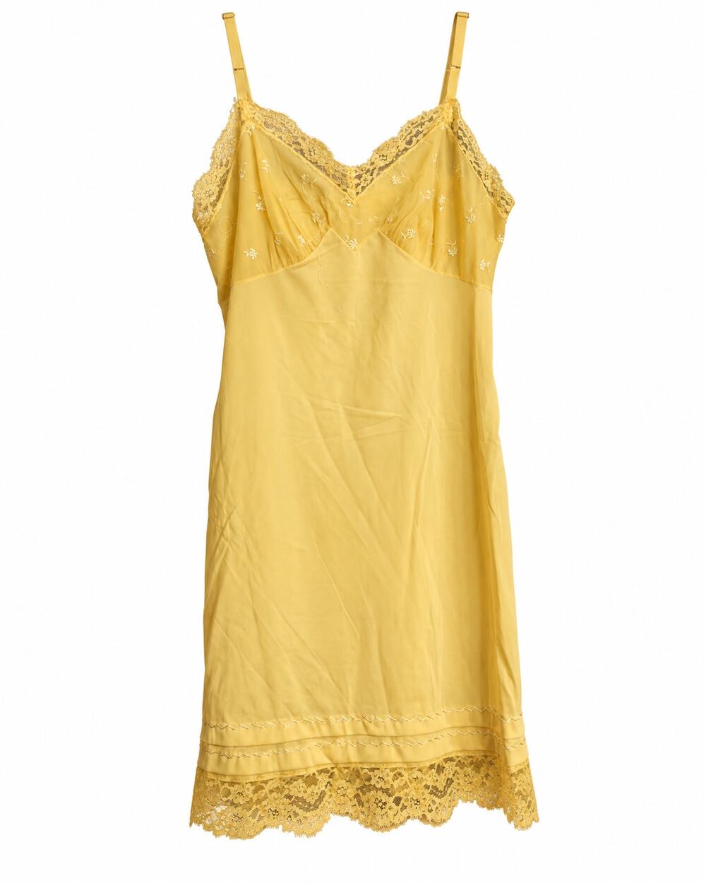 Vintage Vanity Fair Yellow Nylon Tricot Lace Slip Dress Size 36 38" Long